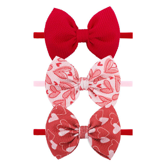 Picture of YanJie Nylon Valentines Bows for Baby Girls Red Heart Bow Headband Newborn Toddler Infant Hot Pink Hair Bow Valentines Day Headband Hair Accessories