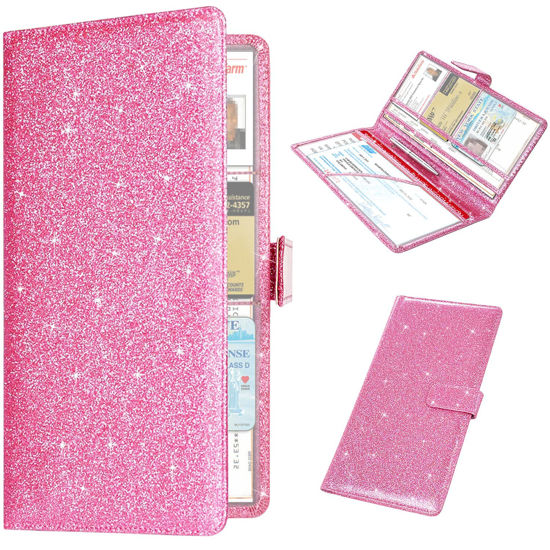 Picture of RSAquar Car Registration and Insurance Holder, Leather Car Glove Box Organizer, Cool Car Accessories for ID, Driver's License Cards & Essential Document, Men&Women, Pink Glitter