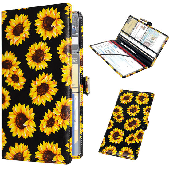 Picture of RSAquar Car Registration and Insurance Holder, Leather Car Glove Box Organizer, Cool Car Accessories for ID, Driver's License Cards & Essential Document, Men&Women, Sunflower