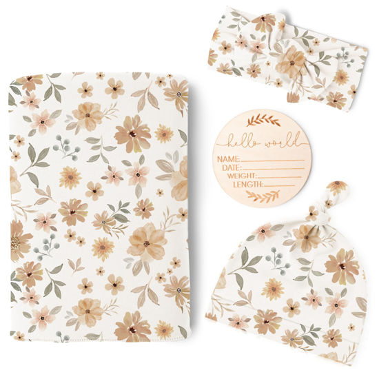 Picture of Konssy Baby Girl Newborn Receiving Blanket with Matching Headband and Beanie Set Baby Swaddle Nursery Swaddle Wrap