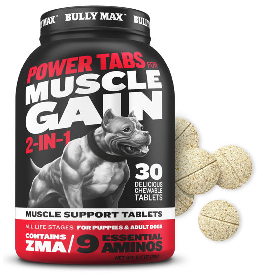 Picture of Bully Max 2-in-1 Muscle Builder Power Tabs for Puppies & Adult Dogs - Puppy & Dog Treats Vitamins for Muscle Gain & Growth - Multivitamin Supplements for All Breeds & Ages - 30 Chewable Tablets
