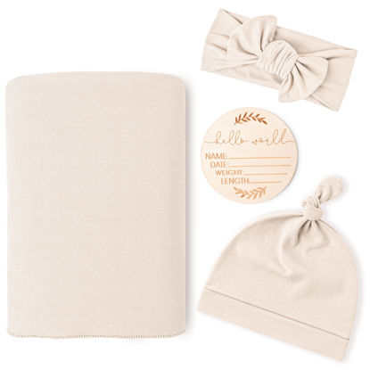 Picture of Konssy Baby Girl Newborn Receiving Blanket with Matching Headband and Beanie Set Baby Swaddle Nursery Swaddle Wrap