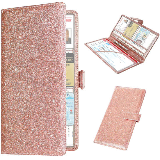 Picture of RSAquar Car Registration and Insurance Holder, Vehicle Car Glove Box Organizer, Cool Car Accessories for ID, Driver License Cards & Essential Document, Glitter Rose Gold