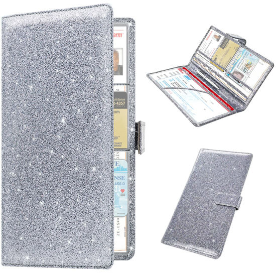 Picture of RSAquar Car Registration and Insurance Holder, Leather Car Glove Box Organizer, Cool Car Accessories for ID, Driver's License Cards & Essential Document, Men&Women, Glitter Gray
