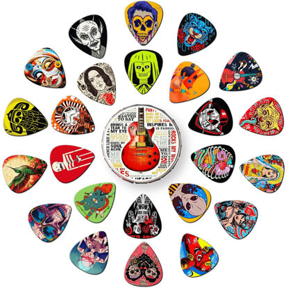 Picture of Guitar Picks 24 Pack Thin, Medium, Heavy Picks with Tin Box,Bass Guitar Pick Variety Pack,Guitar Pick for Acoustic Electric Guitar Bass Ukulele 0.46 0.71 0.96 1.20 mm (Set -6)