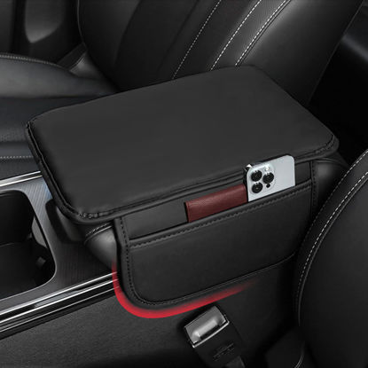 Picture of Car Center Console Cover Leather Armrest Cover Cushion with 2 Storage Bags Universal Car Armrest Seat Box Pad Car Interior Accessories Protector for Most Vehicle (Black)