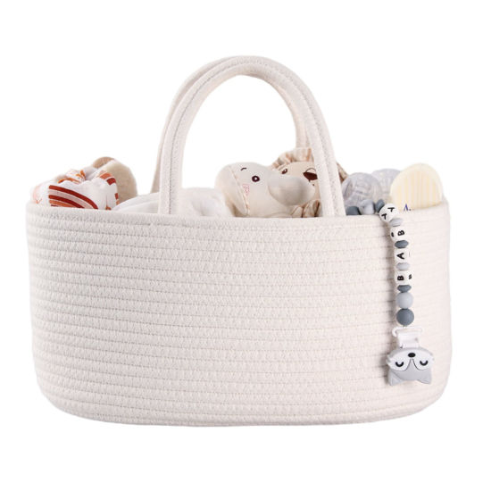 Picture of Baby Diaper Caddy Organizer for Girl Boy Cotton Rope Nursery Storage Bin Basket Portable Holder Tote Bag for Changing Table Car Travel Baby Shower Gifts Newborn Essentials Registry Must Haves White