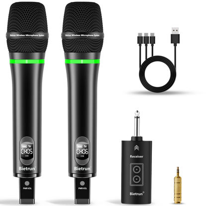Picture of Bietrun Rechargeable Wireless Microphone, Dual Metal Cordless Handheld Dynamic Wireless Mics with 1/4'' Output for Karaoke, Meeting, Singing, Church, Wedding(UHF 240ft Range)(Receiver with Bluetooth)