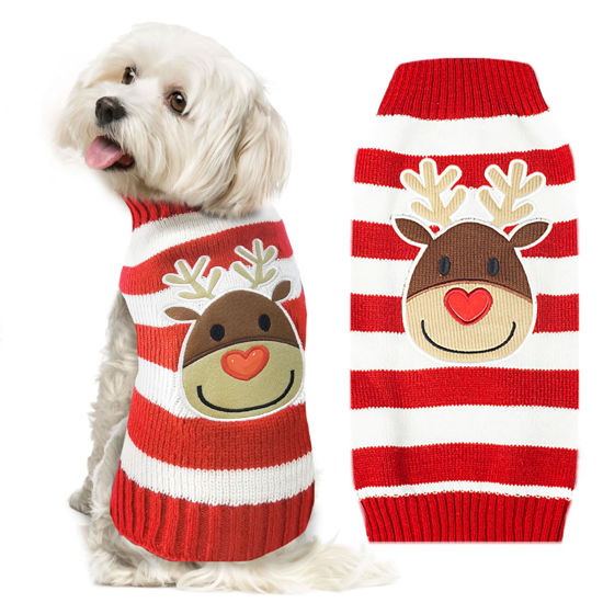 Picture of DOGGYZSTYLE Dog Christmas Sweater Cute Striped Reindeer Xmas Pet Clothes Holiday Puppy Cat Costume New Year Gifts for Small Medium Large Dogs Jumpers (L, Red White Stripe Reindeer)