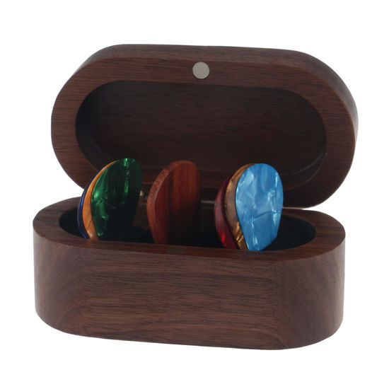 Picture of MYLYWOO Walnut Guitar Pick Holder Set with 1 Rosewood Pick and 6 Celluloid Picks in 3 Thicknesses, Mini Jewelry Box, Brown Wooden Knick-knack, 3.35 x 1.77 x 1.58 inches Organizers