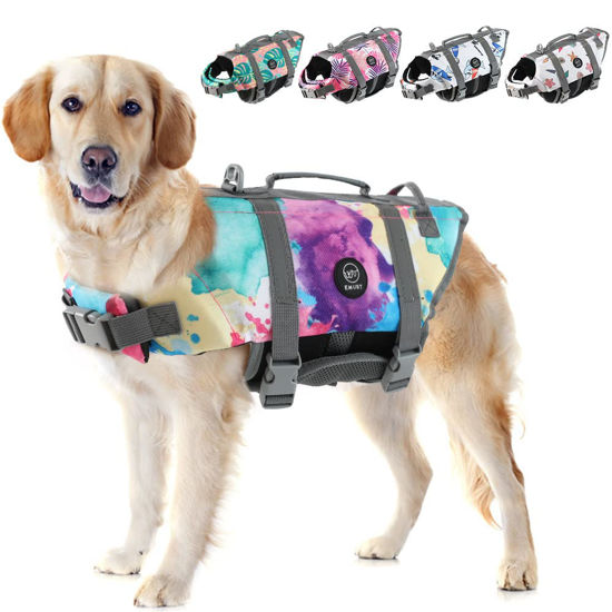 Picture of EMUST Dog Life Preserver, Dog Life Vests for Swimming, Beach Boating with High Buoyancy, Dog Flotation Vest for Small/Medium/Large Dogs, L, MultiColors