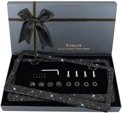 Picture of OKLPF Bling License Plate Frame for Women, 2PCS Sparkly License Plate Frames| Over 1200 pcs14 Facets Bedazzled Clear Glass Diamond Rhinestone Crystals w/Free Glitter Diamond Box (Black)