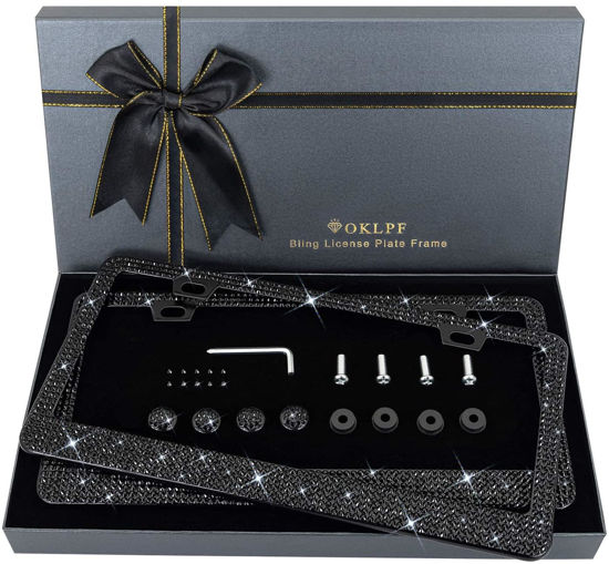 Picture of OKLPF Bling License Plate Frame for Women, 2PCS Sparkly License Plate Frames| Over 1200 pcs14 Facets Bedazzled Clear Glass Diamond Rhinestone Crystals w/Free Glitter Diamond Box (Black)