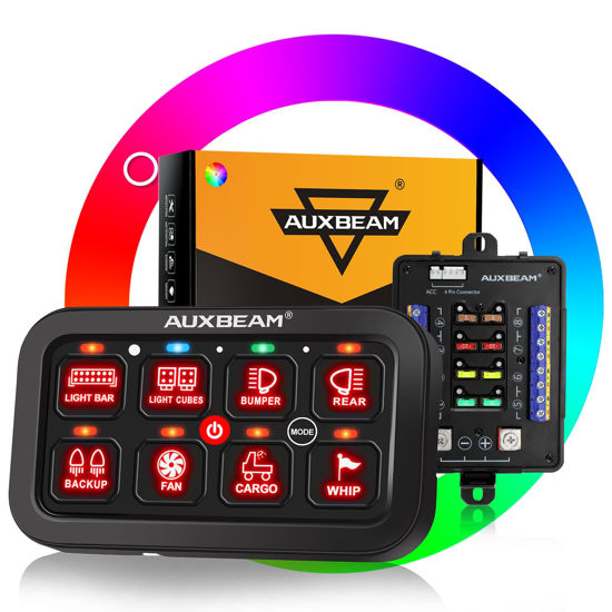 Picture of Auxbeam Switch Panel RB80 RGB 8 Gang Switch Panel Auto-Dimmable Multifunction Switch Panel w/Momentary Toggle Pulsed Memory, Aluminum Switch Panel for Truck Boat Car RV Waterproof, 2-Year Warranty