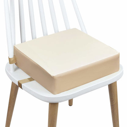 Picture of Toddler Booster Seat Dining, Washable 2 Straps Safety Buckle Kids Booster Seat for Dining Table, Portable Travel Increasing Cushion (Beige-PU)