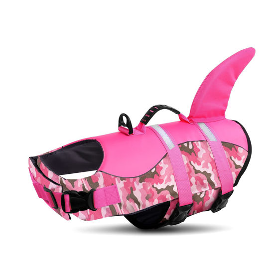 Picture of Queenmore Dog Life Jacket Ripstop Dog Shark Safety Vest Adjustable Preserver with High Buoyancy and Durable Rescue Handle for Small,Medium,Large Dogs, Pink Camouflage X-Small