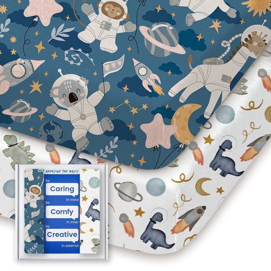 Picture of Graco Pack and Play Sheets Fitted, TotBasic Ultra Soft Mini Crib Sheets Boy, Neutral Pack N Play Mattress Sheets Hypoallergenic and Soothing, Premium Jersey Playrad Sheets, 2 Pack (Dino Space)