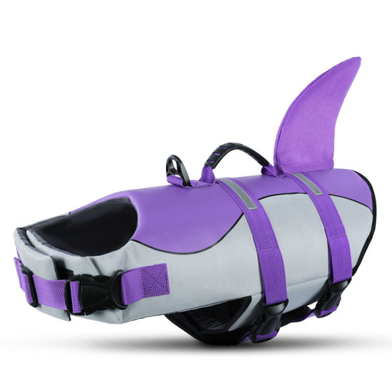 Picture of Queenmore Dog Life Jacket,Dog Life Vest for Swimming,Dog Shark Life Jacket with Rescue Handle,Adjustable Reflective Dog Life Preserver for Medium Dog,Purple M