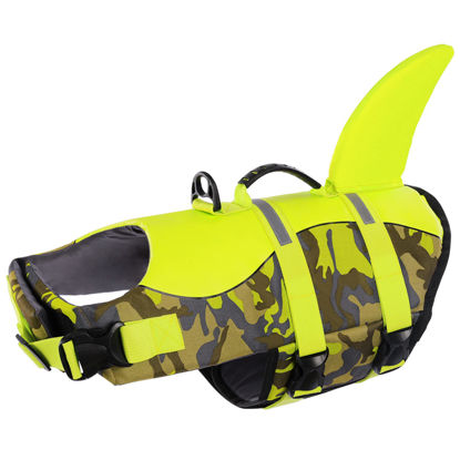 Picture of Queenmore Dog Life Jacket,Dog Life Vest for Swimming,Dog Shark Life Jacket with Rescue Handle,Adjustable Reflective Dog Life Preserver for Medium Dog,Camouflage M