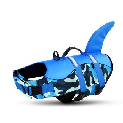 Picture of Queenmore Dog Life Jacket Ripstop Dog Shark Safety Vest Adjustable Preserver with High Buoyancy and Durable Rescue Handle for Small,Medium,Large Dogs, Blue Camouflage X-Large