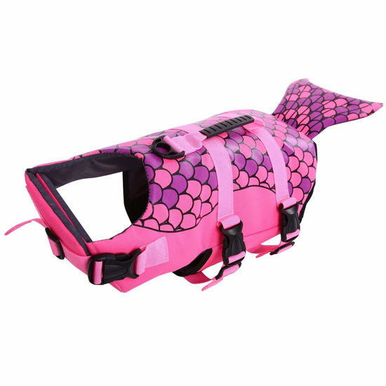 Picture of Queenmore Dog Life Jacket Ripstop Shark Dog Safety Vest Adjustable Preserver with High Buoyancy and Durable Rescue Handle for Small,Medium,Large Dogs, Pink Fish Small