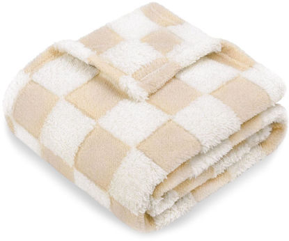 Picture of HOMRITAR Baby Blanket for Unisex Boys Girls Soft Cozy Reversible Checkerboard Toddlers Blanket, Fluffy Fuzzy Plush Lightweight Bed Blanket with Chessboard Grid Design 350GSM Khaki 30 x 40 Inch