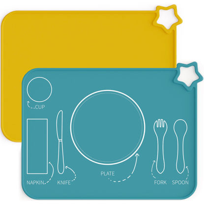 Picture of Moonkie Silicone Placemats for Baby & Kid, Stain Resistant Non-Slip Toddler Food Mats Eating Table Mat with 2 Packs(Teal/Mustard 2)