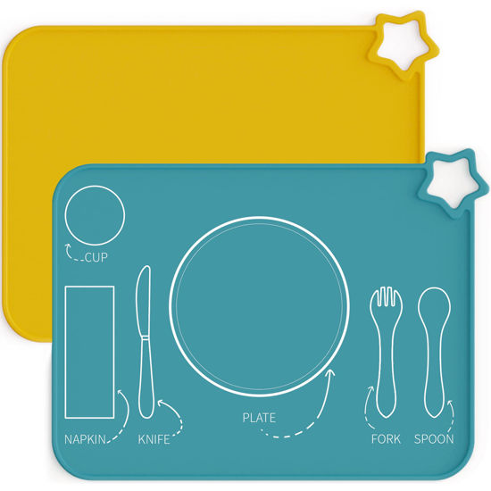 Picture of Moonkie Silicone Placemats for Baby & Kid, Stain Resistant Non-Slip Toddler Food Mats Eating Table Mat with 2 Packs(Teal/Mustard 2)