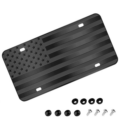 Picture of American Flag License Plate, Black Front Flag License Plates with 4 Holes,Novelty Vintage Aluminum Metal 3D Embossed US License Plate with Screws Caps, 6 * 12 inches