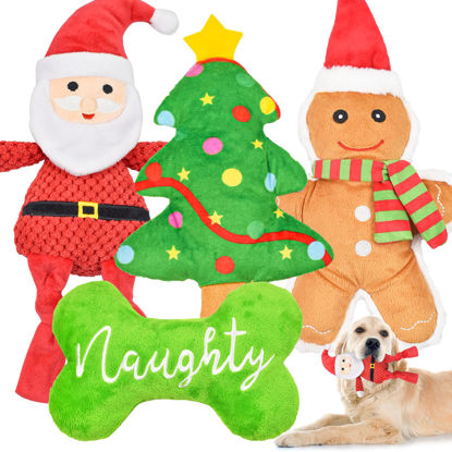 Picture of LECHONG Christmas Dog Toy, 4pcs Dog Squeaky Toy, Stuffed Dog Toys for Teething & Chewing, Tough Dog Toys Xmas Gift Toy Bundle Santa Dog Toys for Large Dogs, Small Puppy Dog Toys