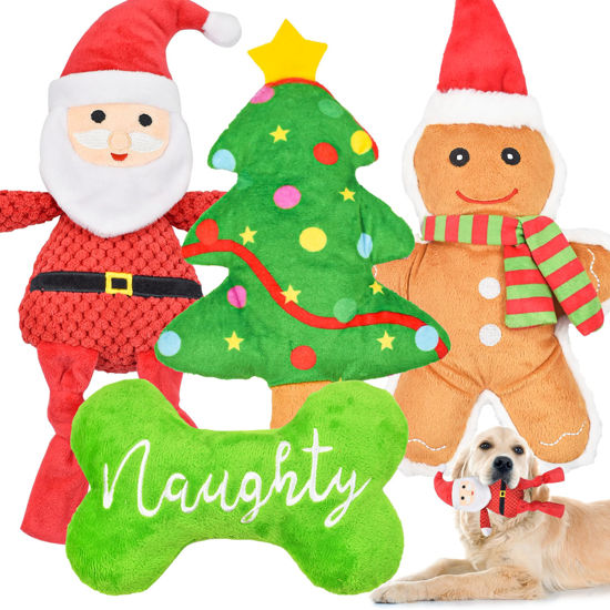 Picture of LECHONG Christmas Dog Toy, 4pcs Dog Squeaky Toy, Stuffed Dog Toys for Teething & Chewing, Tough Dog Toys Xmas Gift Toy Bundle Santa Dog Toys for Large Dogs, Small Puppy Dog Toys