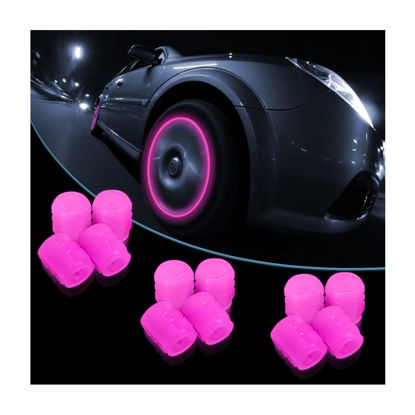 Picture of 12PCS Fluorescent Car Tire Valve Stem Caps, Auto Corrosion Resistant Wheel Valve Cover, Luminous Illuminated Glow in The Dark, Car Decor Accessories Universal for SUV, Trucks, Car (Pink)