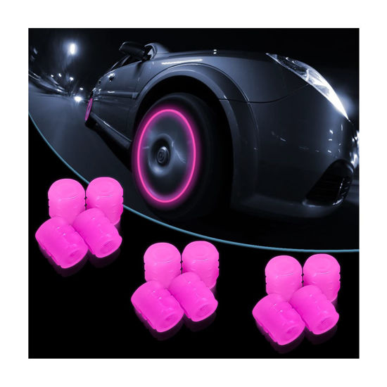 Picture of 12PCS Fluorescent Car Tire Valve Stem Caps, Auto Corrosion Resistant Wheel Valve Cover, Luminous Illuminated Glow in The Dark, Car Decor Accessories Universal for SUV, Trucks, Car (Pink)