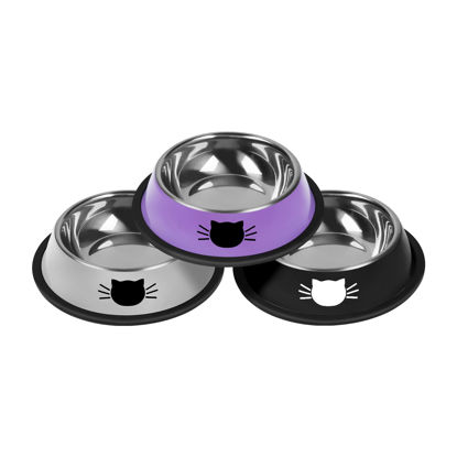 Picture of Serentive 3Pcs Cat Bowls Non-Slip Stainless Steel Small Cat Food Bowls Unbreakable Thicken Cat Feeder 13 Oz Cat Dishes Suitable for Indoor Small Pets Removable Rubber Base Easily Clean Lovely Color