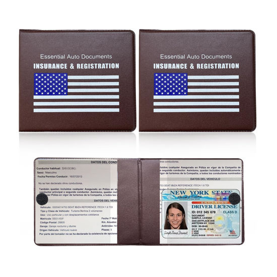 Picture of Ziciner Car Registration Insurance Holder, 2Pack Essential Auto Card Document Glove Box Organizer with Velcro Closure, Vehicle Interior Accessories Perfect for Most Car, Truck, SUV (Brown/Blue Flag)