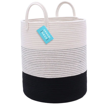 Picture of OrganiHaus Black & White Blanket Storage Basket for Living Room 15x18, Woven Nursery Hamper Basket, Large Toy Basket Storage for Kids, Laundry Hamper, Baby Laundry Basket, Cute Cotton Rope Basket