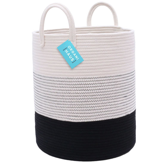 Picture of OrganiHaus Black & White Blanket Storage Basket for Living Room 15x18, Woven Nursery Hamper Basket, Large Toy Basket Storage for Kids, Laundry Hamper, Baby Laundry Basket, Cute Cotton Rope Basket