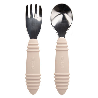 Picture of Bumkins Toddler Utensils, Kids Size Fork and Spoon Set, Silicone and Stainless-Steel Training Silverware, Angled Forks/Sporks for Self-Feeding, Children Hold Learning to Eat, 18 Mos Up, Sand Beige