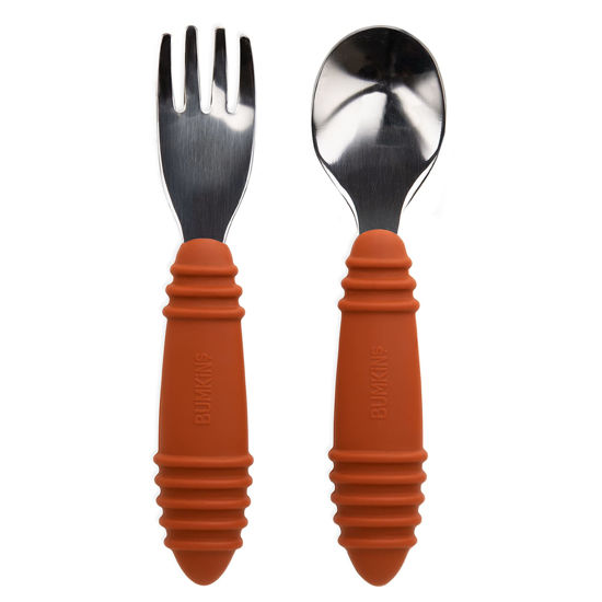 Picture of Bumkins Toddler Utensils, Kids Size Fork and Spoon Set, Silicone and Stainless-Steel Training Silverware, Angled Forks/Sporks for Self-Feeding, Children Hold Learning to Eat, 18 Months Up, Clay