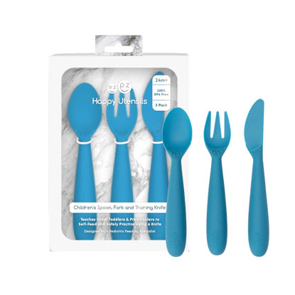 Picture of ezpz Happy Utensils - 24 Months+ (Blue) - BPA Free Toddler Utensils - Fork, Spoon and Knife for Toddlers and Preschoolers - Kids Utensils for Self-Feeding Development