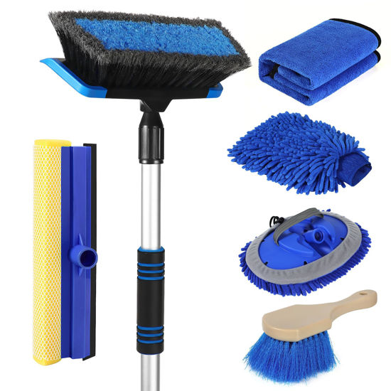 Picture of Wontolf 62'' Car Wash Brush with Long Handle, Scratch-Free Soft Bristles Sturdy Car Wash Mop Kit, Complete Car Cleaning Brush Kit Wash Mitt Towel Windshield Squeegee Wheel Tire Brush for Car Truck RV