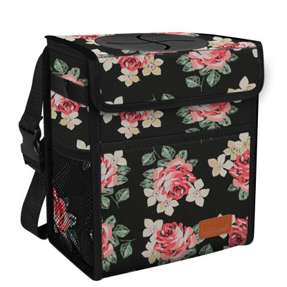 Picture of Car Trash Can Leak Proof Car Trash Bag Waterproof Car Garbage Can with Lid for SUV Front Seat Multipurpose Car Hanging for Headrest Collapsible and Portable with Storage Mesh Pocket, Flower