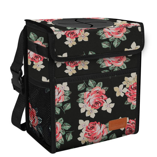 Picture of Car Trash Can Leak Proof Car Trash Bag Waterproof Car Garbage Can with Lid for SUV Front Seat Multipurpose Car Hanging for Headrest Collapsible and Portable with Storage Mesh Pocket, Flower