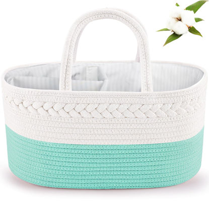 Picture of ABenkle Baby Diaper Caddy, Nursery Storage Bin and Car Organizer for Diapers and Baby Wipes, Cotton Rope Diaper Basket Caddy, Changing Table Diaper Storage Caddy Baby Gift Baskets - Mint Green