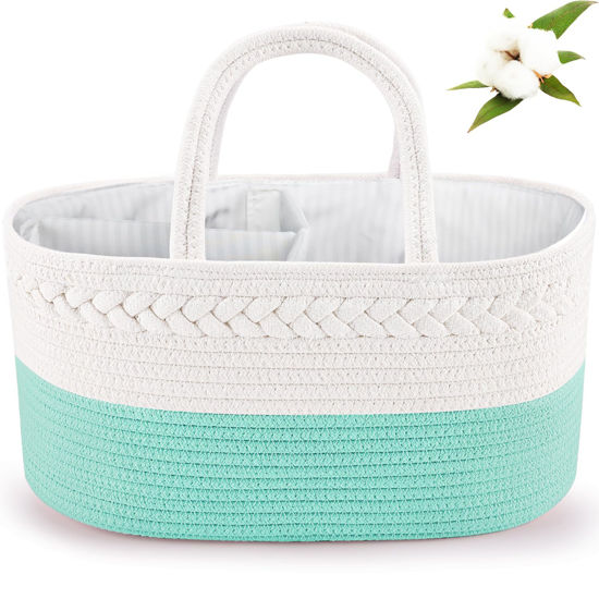 Picture of ABenkle Baby Diaper Caddy, Nursery Storage Bin and Car Organizer for Diapers and Baby Wipes, Cotton Rope Diaper Basket Caddy, Changing Table Diaper Storage Caddy Baby Gift Baskets - Mint Green