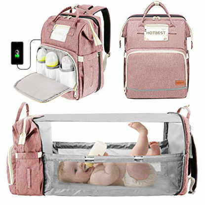 Picture of 3 in 1 Diaper Bag Backpack with Bassinet Bed Mat Pad,Portable Travel Convertible Bags Newborn Registry Baby Shower Gifts Essentials Accessories Stuff for Girls Boys Men Dad Mom Pink