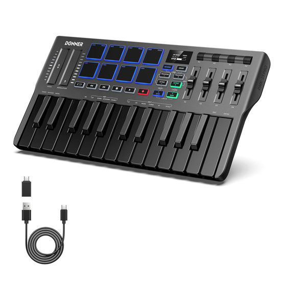 Picture of Donner USB-C MIDI Keyboard Controller, 25 Key Portable Mini MIDI Keyboard with 8 Drum Pads, OLED Display, 16 Smart Scales, Arpeggio, Replay, 4 DAW Software and 40 Teaching Courses, DMK 25 Pro Black