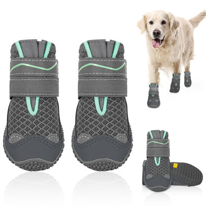 Picture of SlowTon Dog Shoes for Large Small Medium Dogs - Breathable Dog Boots for Summer Hot Pavement, Paw Protector for Outdoor Walking Winter Snow, Anti-Slip Rubber Dog Booties for Hardwood Floor (Grey, 5)