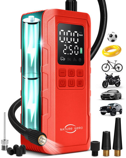 Picture of Nature Hero Tire Inflator Portable Air Compressor,150 PSI car tire air Pump Portable with Digital LCD Pressure Gauge,Electric Air Pump for Motorcycle Tires,Bicycle Tires and Balls,Red