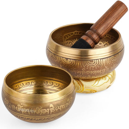 Picture of Relaehih 2-Pack Tibetan Singing Bowls Set - 100% Handmade in Nepal, Sound Bowl Meditation Set for Yoga, Chakra Healing, Meditation Gifts, Unique Gifts for Women (Yellow, 3.15 + 4 inch)
